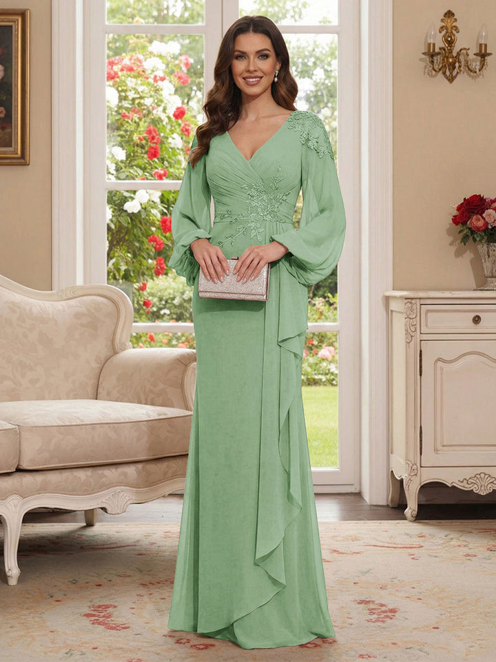 Sheath/Column V-Neck Long Sleeves Floor-Length Mother of the Bride Dresses with Lace &amp; Applique