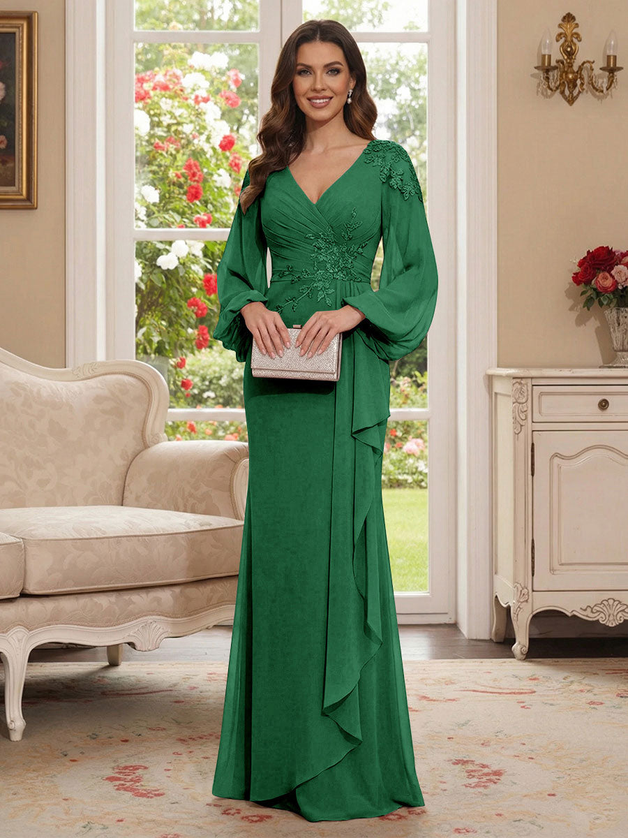 Sheath/Column V-Neck Long Sleeves Floor-Length Mother of the Bride Dresses with Lace &amp; Applique