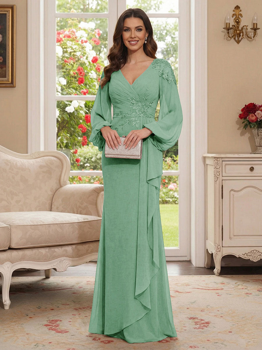 Sheath/Column V-Neck Long Sleeves Floor-Length Mother of the Bride Dresses with Lace &amp; Applique