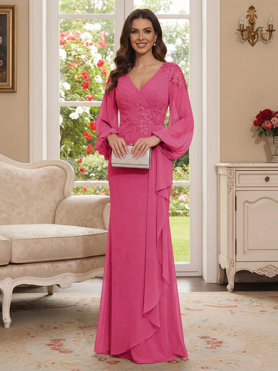 Sheath/Column V-Neck Long Sleeves Floor-Length Mother of the Bride Dresses with Lace &amp; Applique