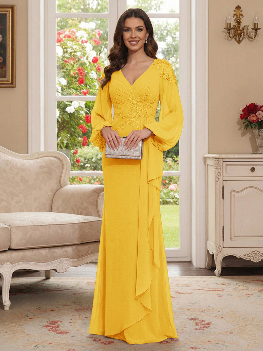 Sheath/Column V-Neck Long Sleeves Floor-Length Mother of the Bride Dresses with Lace &amp; Applique