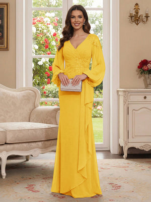 Sheath/Column V-Neck Long Sleeves Floor-Length Mother of the Bride Dresses with Lace & Applique