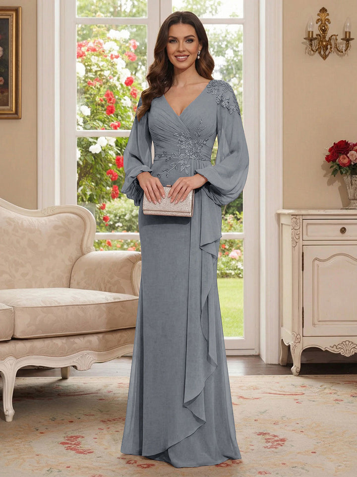 Sheath/Column V-Neck Long Sleeves Floor-Length Mother of the Bride Dresses with Lace &amp; Applique