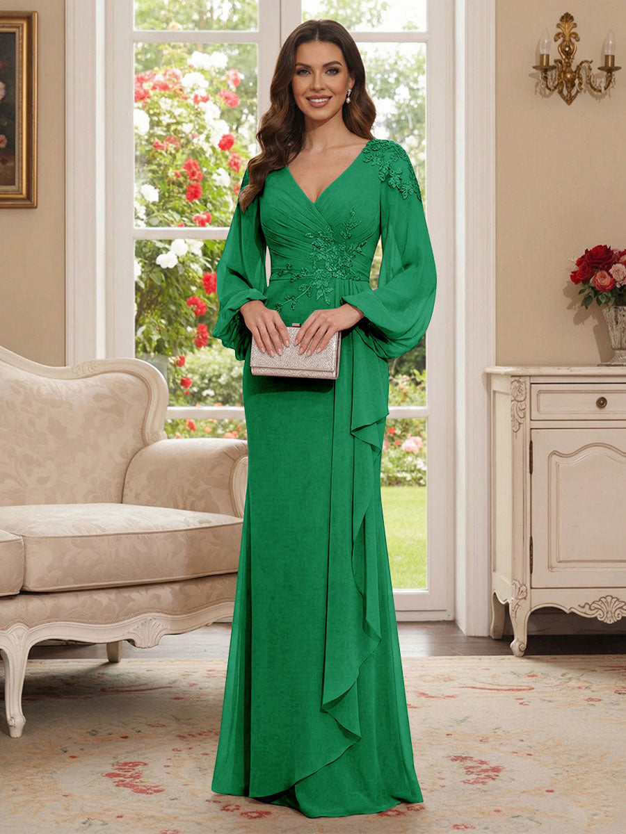 Sheath/Column V-Neck Long Sleeves Floor-Length Mother of the Bride Dresses with Lace &amp; Applique