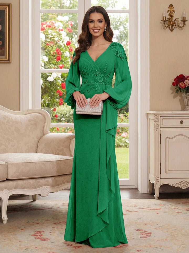 Sheath/Column V-Neck Long Sleeves Floor-Length Mother of the Bride Dresses with Lace &amp; Applique