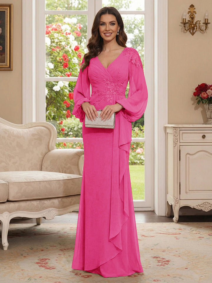 Sheath/Column V-Neck Long Sleeves Floor-Length Mother of the Bride Dresses with Lace &amp; Applique