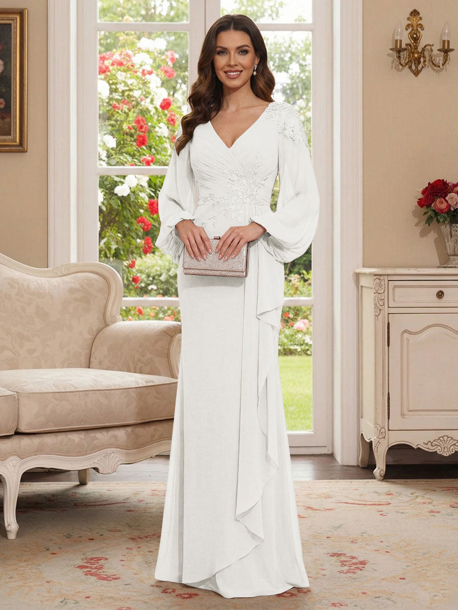 Sheath/Column V-Neck Long Sleeves Floor-Length Mother of the Bride Dresses with Lace &amp; Applique