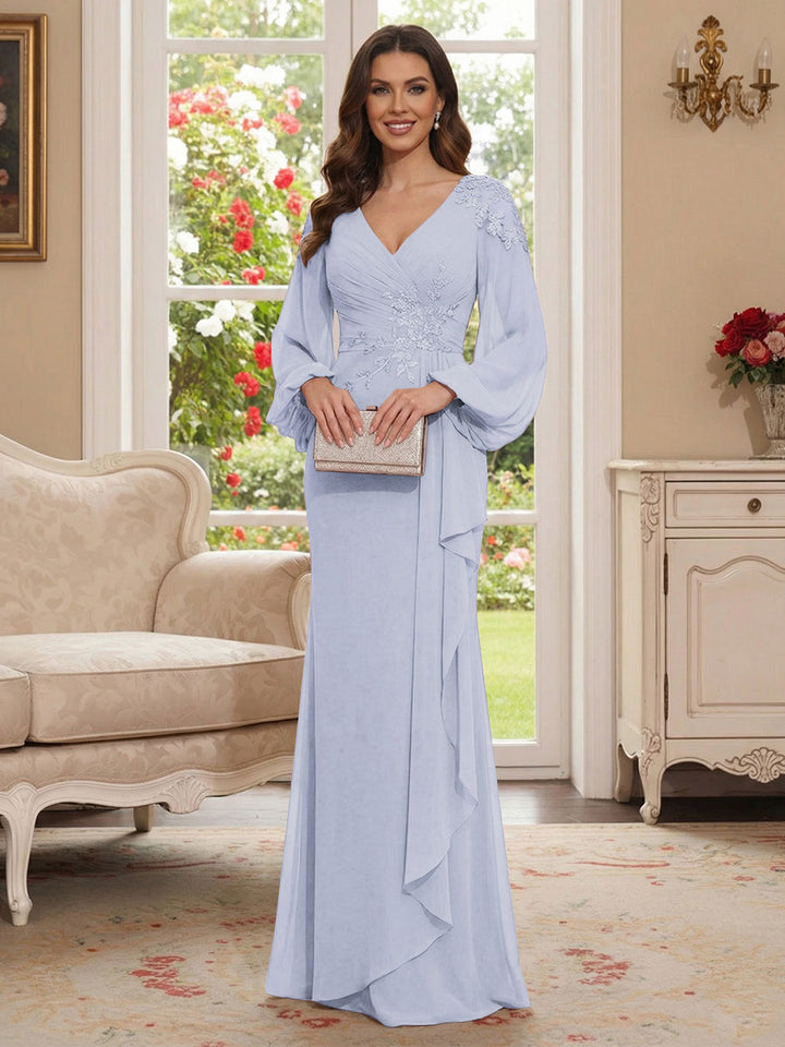 Sheath/Column V-Neck Long Sleeves Floor-Length Mother of the Bride Dresses with Lace &amp; Applique