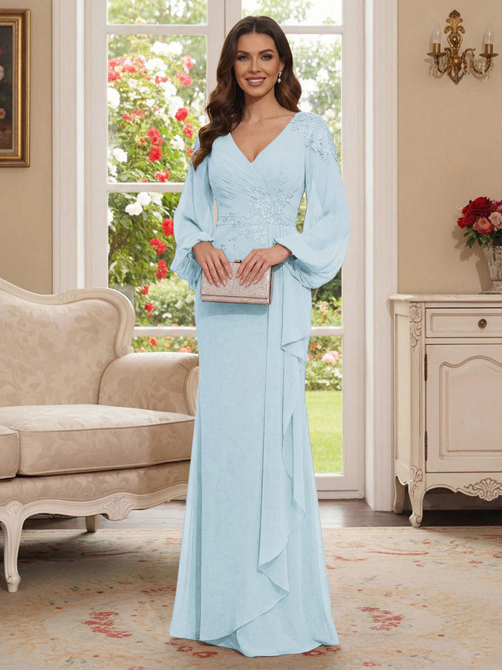 Sheath/Column V-Neck Long Sleeves Floor-Length Mother of the Bride Dresses with Lace &amp; Applique