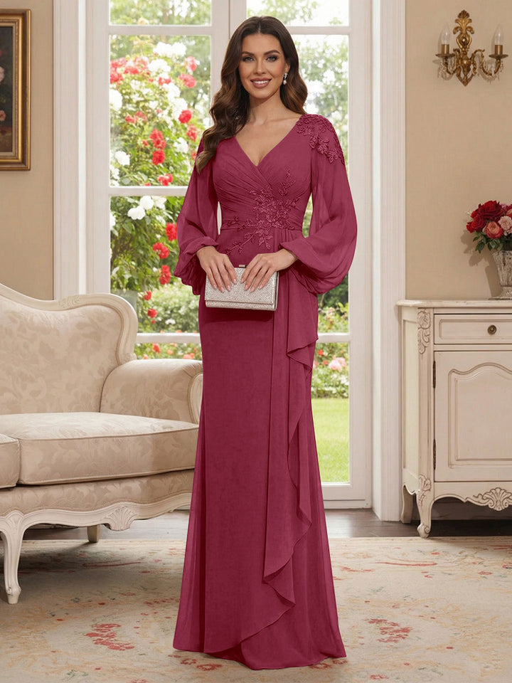 Sheath/Column V-Neck Long Sleeves Floor-Length Mother of the Bride Dresses with Lace &amp; Applique
