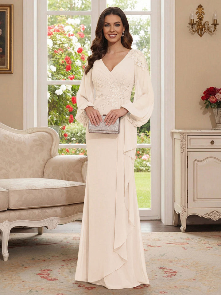 Sheath/Column V-Neck Long Sleeves Floor-Length Mother of the Bride Dresses with Lace &amp; Applique