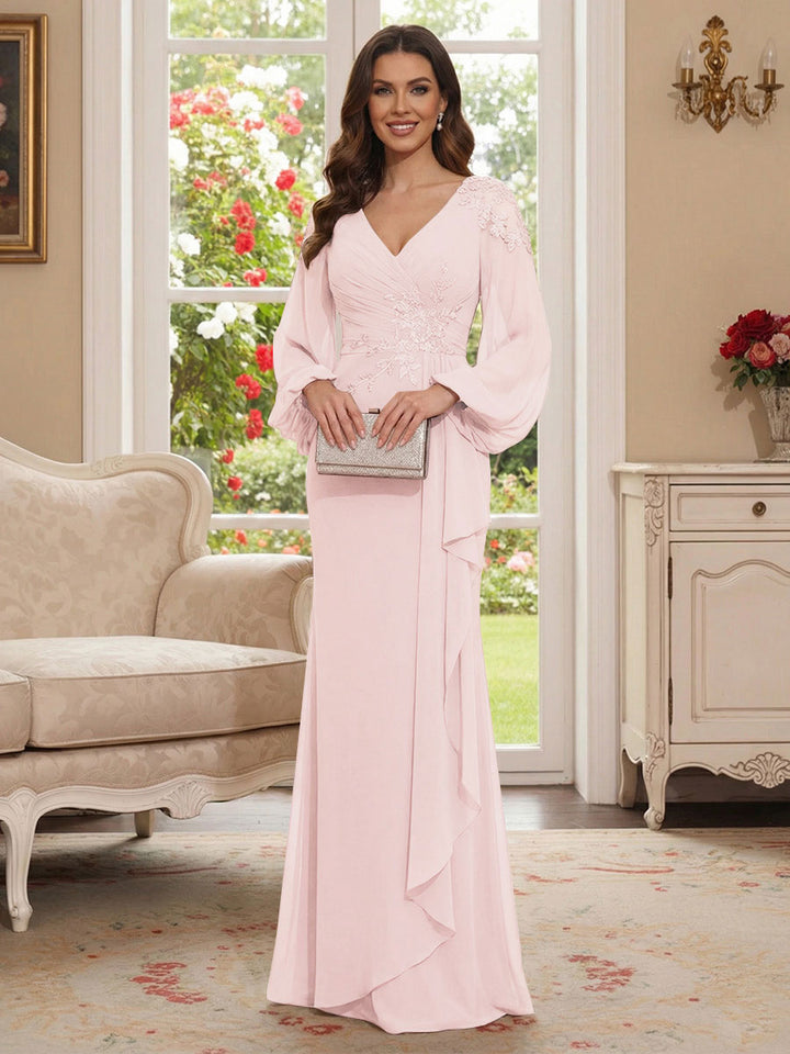 Sheath/Column V-Neck Long Sleeves Floor-Length Mother of the Bride Dresses with Lace &amp; Applique