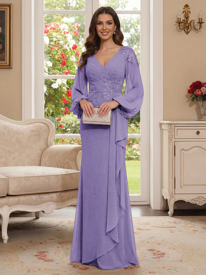 Sheath/Column V-Neck Long Sleeves Floor-Length Mother of the Bride Dresses with Lace &amp; Applique