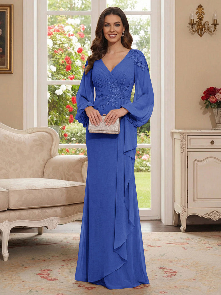 Sheath/Column V-Neck Long Sleeves Floor-Length Mother of the Bride Dresses with Lace &amp; Applique