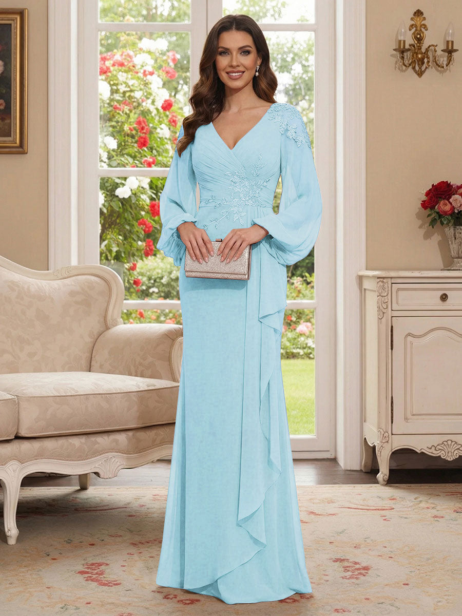 Sheath/Column V-Neck Long Sleeves Floor-Length Mother of the Bride Dresses with Lace &amp; Applique