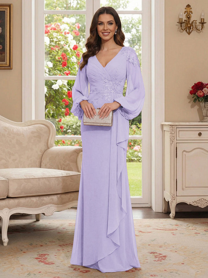 Sheath/Column V-Neck Long Sleeves Floor-Length Mother of the Bride Dresses with Lace &amp; Applique