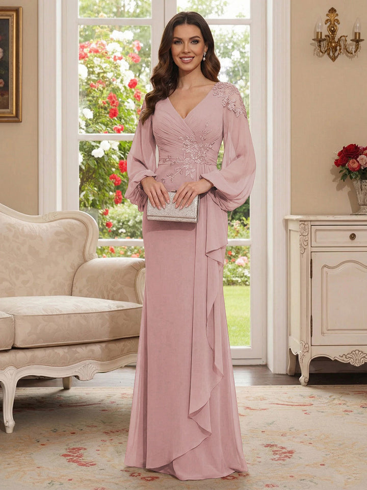 Sheath/Column V-Neck Long Sleeves Floor-Length Mother of the Bride Dresses with Lace &amp; Applique