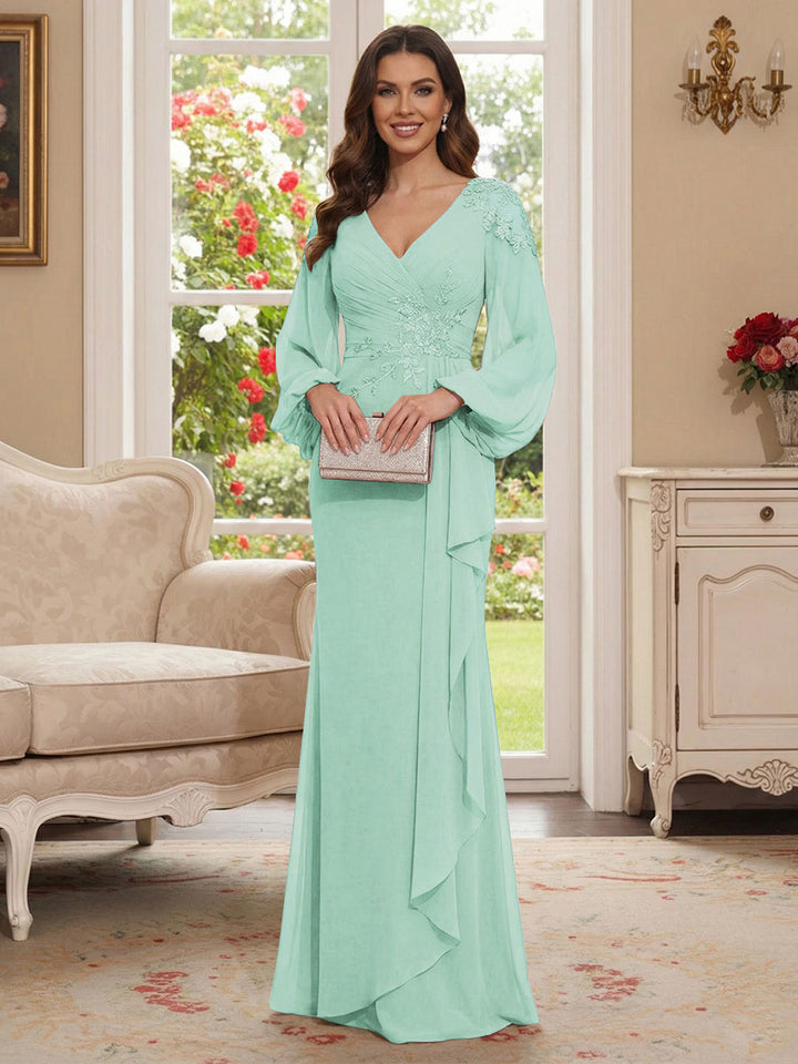 Sheath/Column V-Neck Long Sleeves Floor-Length Mother of the Bride Dresses with Lace &amp; Applique