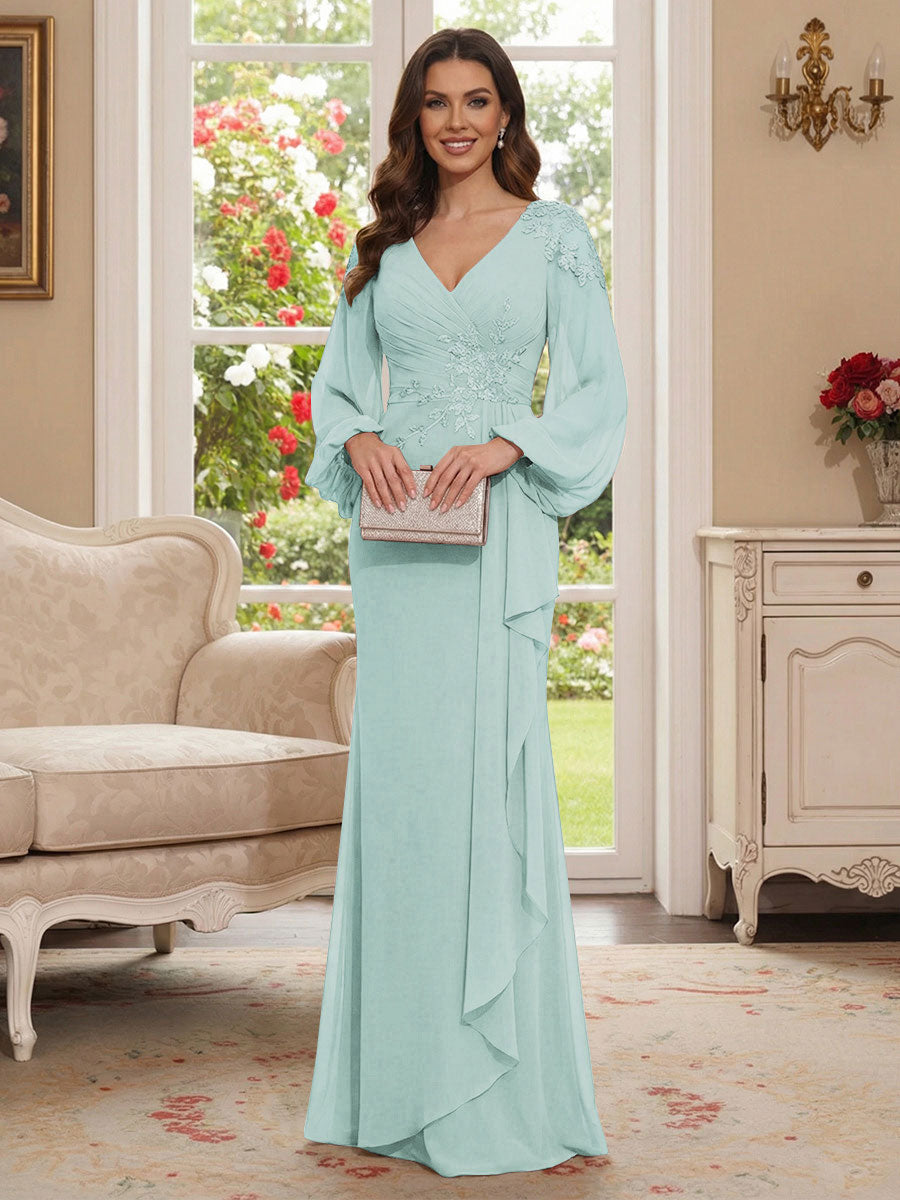 Sheath/Column V-Neck Long Sleeves Floor-Length Mother of the Bride Dresses with Lace &amp; Applique