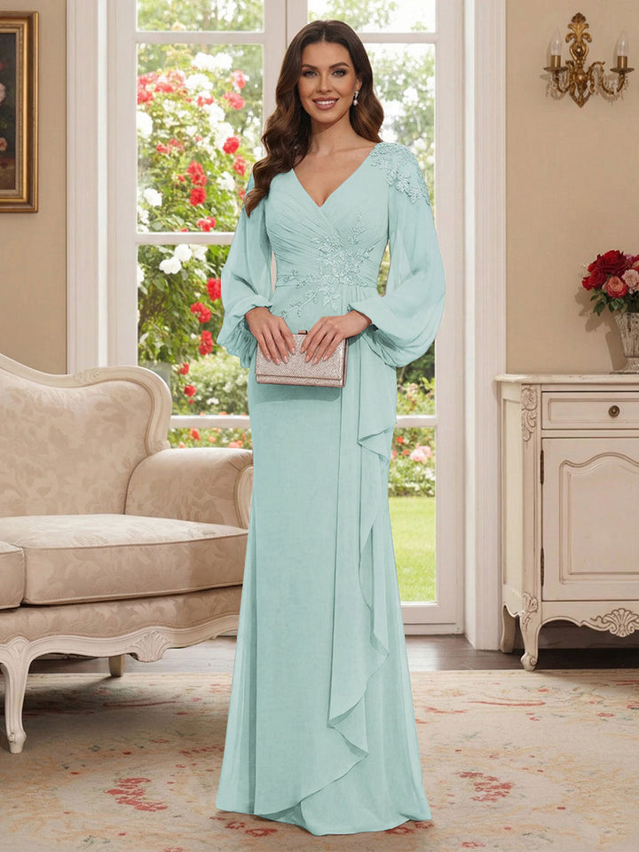 Sheath/Column V-Neck Long Sleeves Floor-Length Mother of the Bride Dresses with Lace &amp; Applique