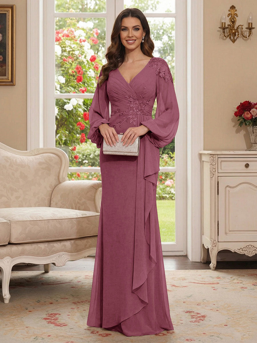 Sheath/Column V-Neck Long Sleeves Floor-Length Mother of the Bride Dresses with Lace &amp; Applique