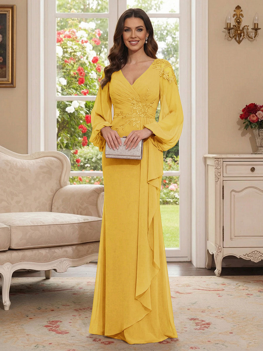 Sheath/Column V-Neck Long Sleeves Floor-Length Mother of the Bride Dresses with Lace &amp; Applique