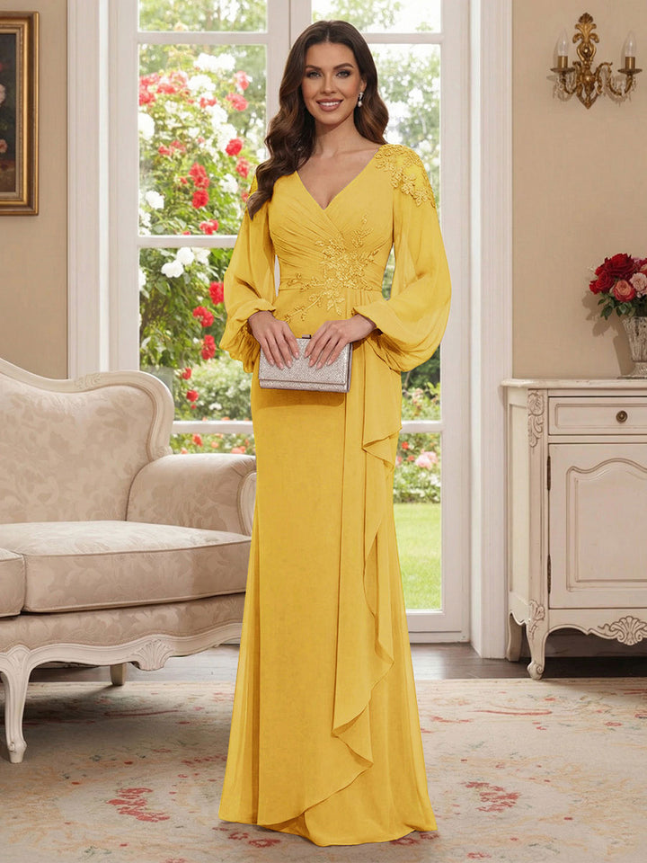 Sheath/Column V-Neck Long Sleeves Floor-Length Mother of the Bride Dresses with Lace &amp; Applique