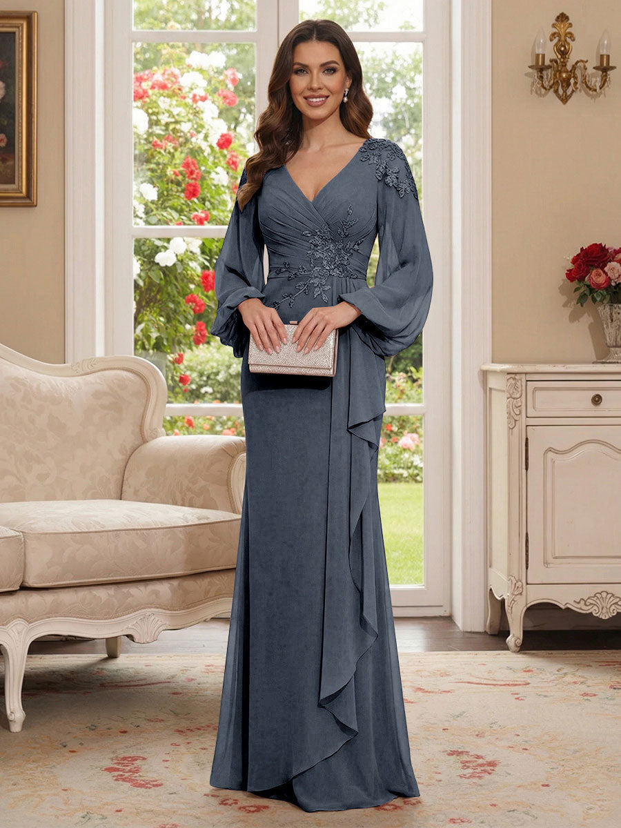 Sheath/Column V-Neck Long Sleeves Floor-Length Mother of the Bride Dresses with Lace &amp; Applique