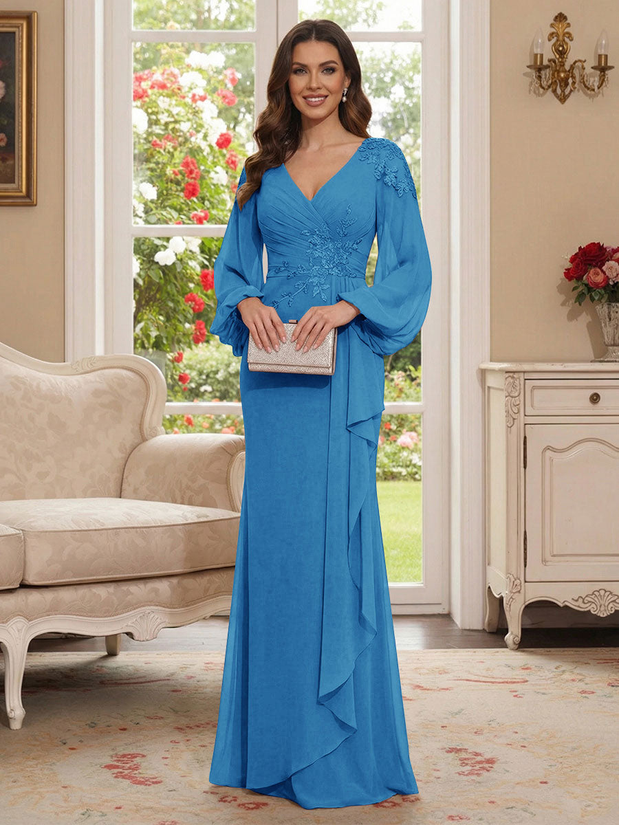 Sheath/Column V-Neck Long Sleeves Floor-Length Mother of the Bride Dresses with Lace &amp; Applique