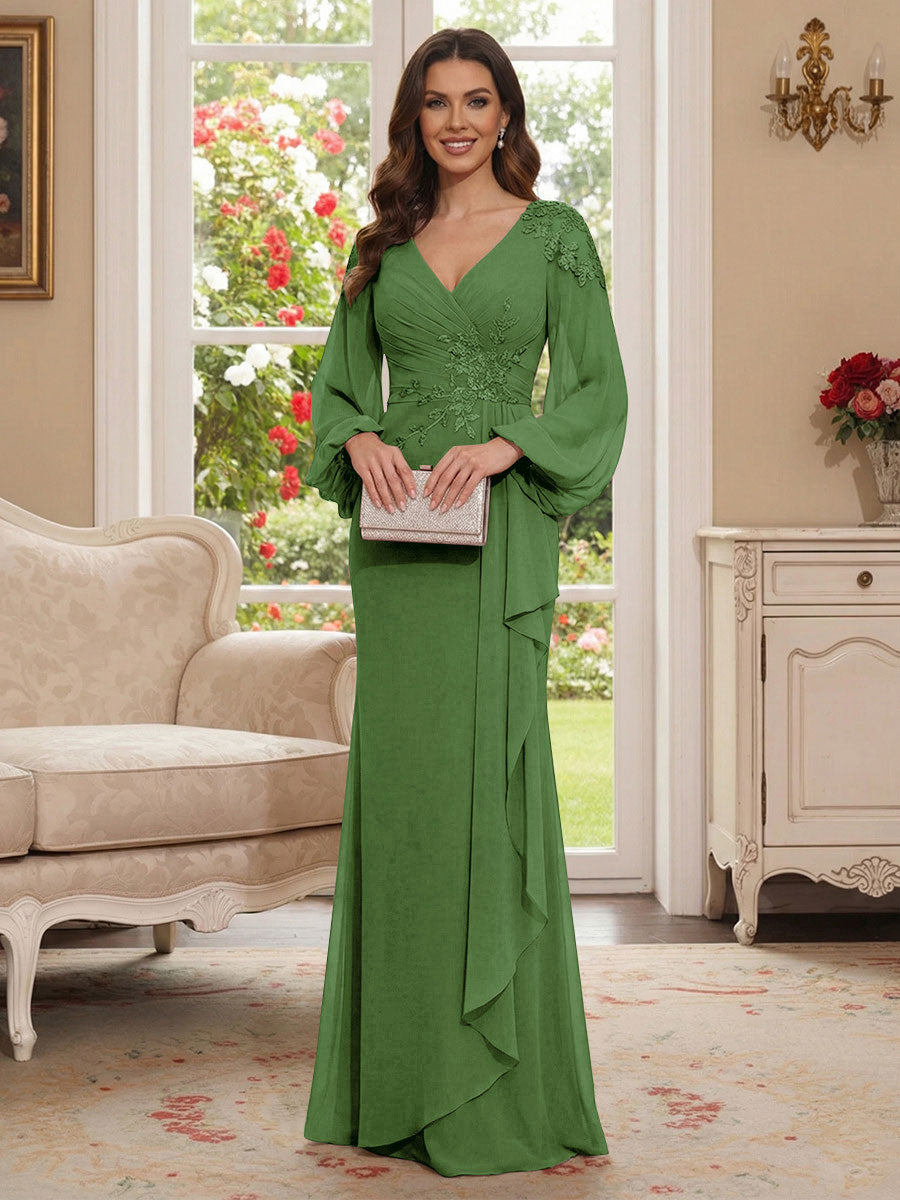 Sheath/Column V-Neck Long Sleeves Floor-Length Mother of the Bride Dresses with Lace &amp; Applique