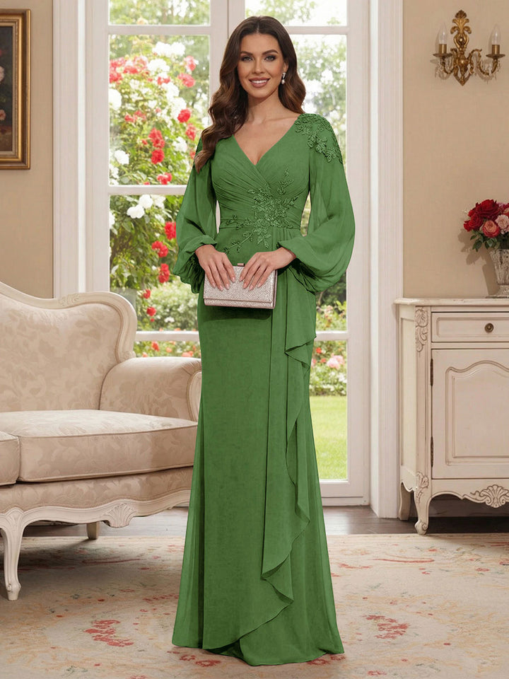 Sheath/Column V-Neck Long Sleeves Floor-Length Mother of the Bride Dresses with Lace &amp; Applique