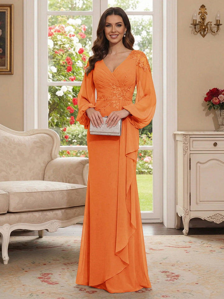 Sheath/Column V-Neck Long Sleeves Floor-Length Mother of the Bride Dresses with Lace &amp; Applique