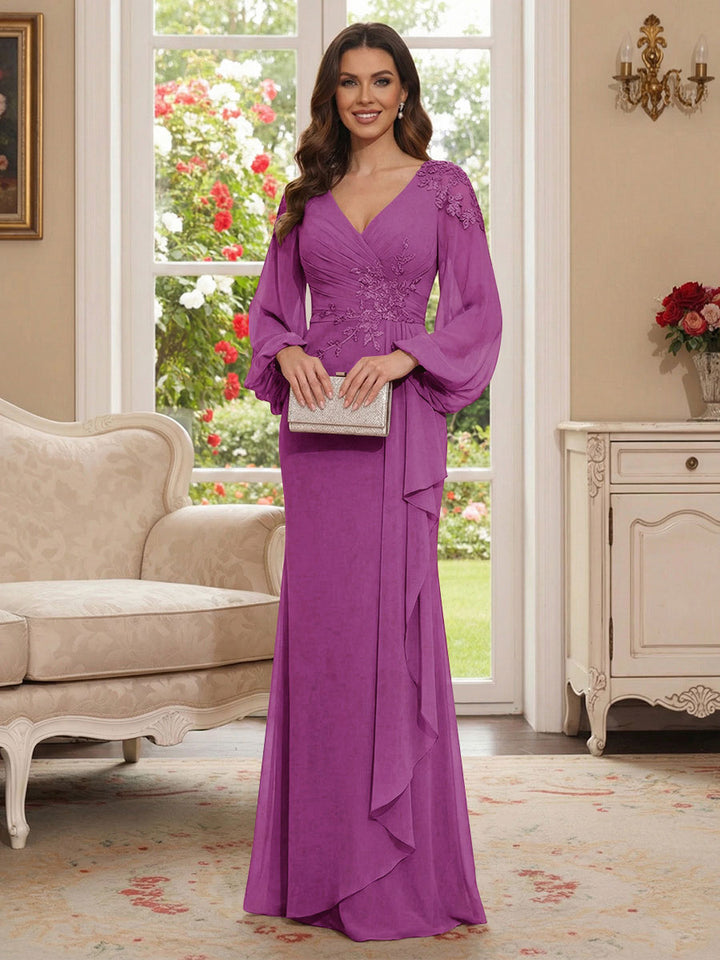 Sheath/Column V-Neck Long Sleeves Floor-Length Mother of the Bride Dresses with Lace &amp; Applique