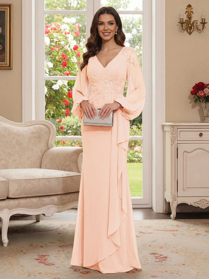 Sheath/Column V-Neck Long Sleeves Floor-Length Mother of the Bride Dresses with Lace &amp; Applique
