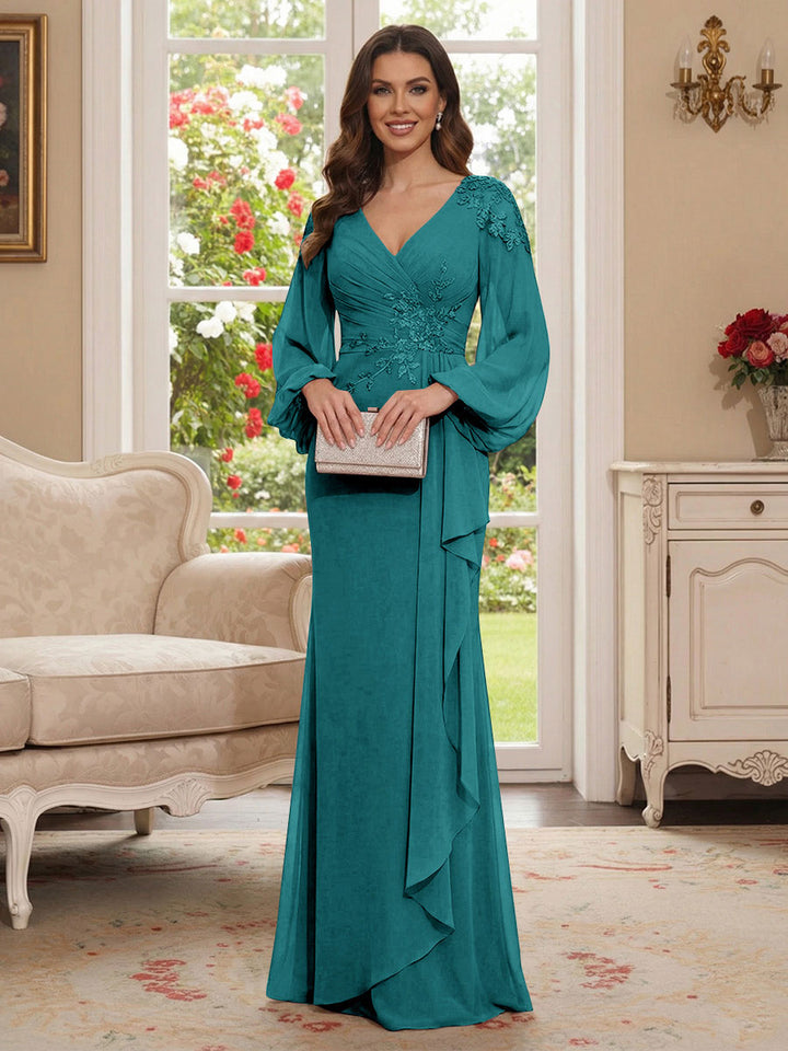 Sheath/Column V-Neck Long Sleeves Floor-Length Mother of the Bride Dresses with Lace &amp; Applique
