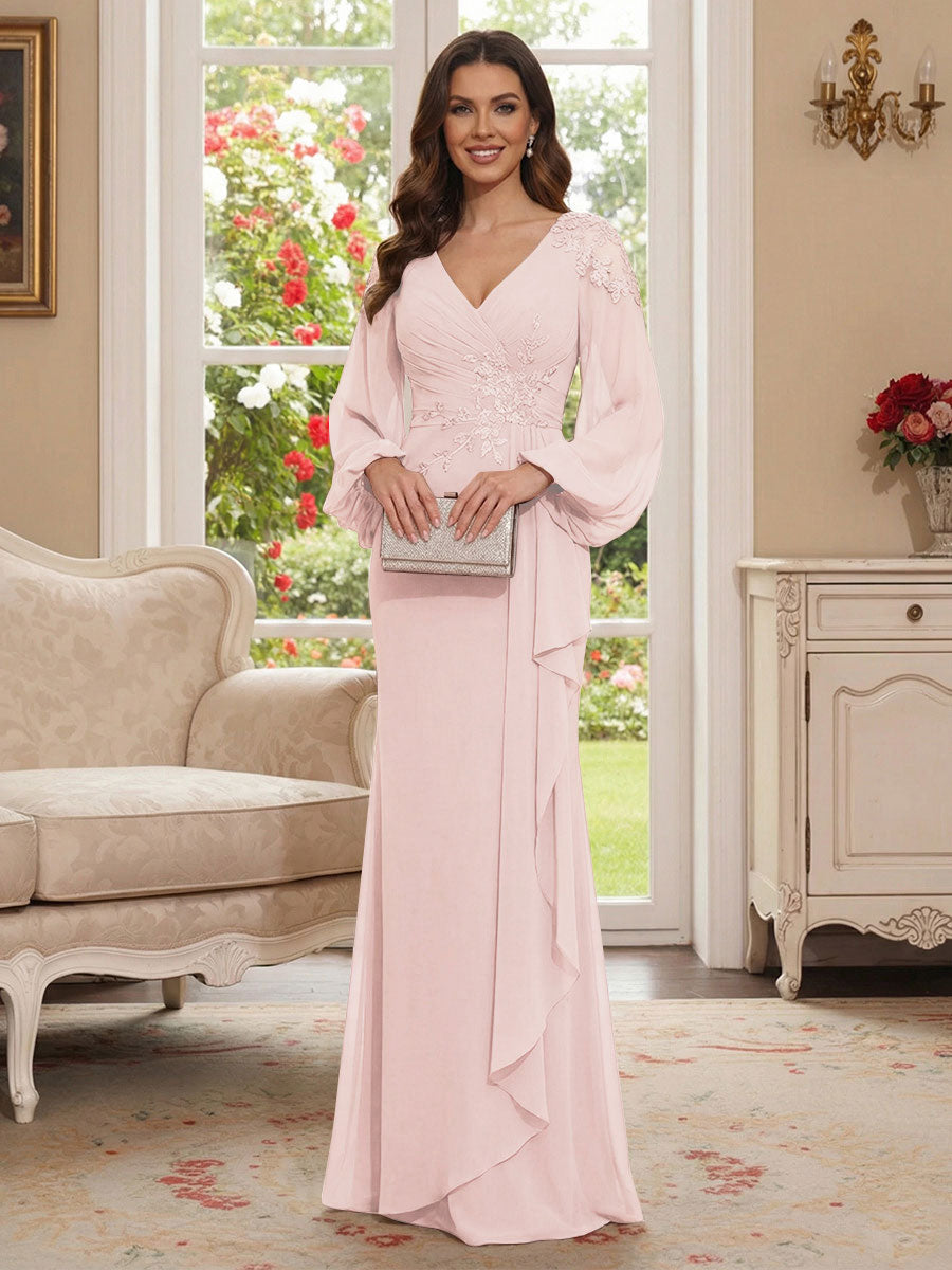 Sheath/Column V-Neck Long Sleeves Floor-Length Mother of the Bride Dresses with Lace &amp; Applique