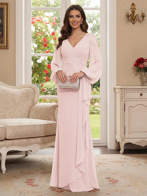 Sheath/Column V-Neck Long Sleeves Floor-Length Mother of the Bride Dresses with Lace & Applique