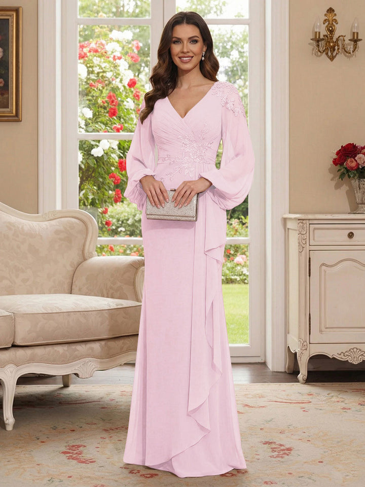 Sheath/Column V-Neck Long Sleeves Floor-Length Mother of the Bride Dresses with Lace &amp; Applique