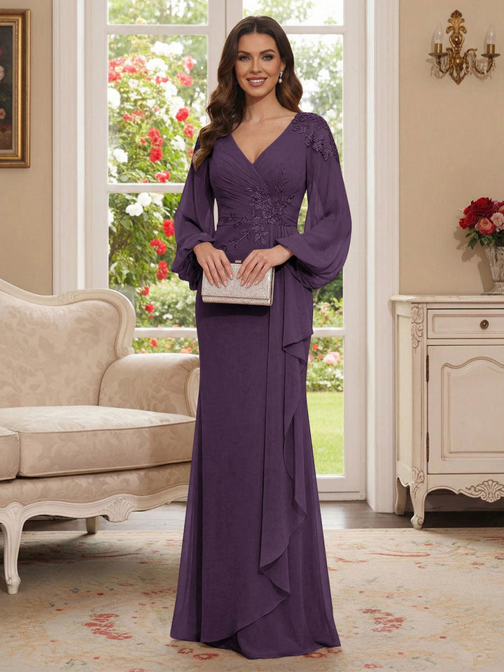 Sheath/Column V-Neck Long Sleeves Floor-Length Mother of the Bride Dresses with Lace &amp; Applique