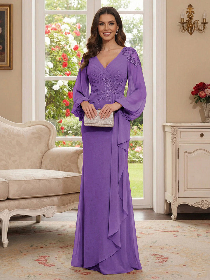 Sheath/Column V-Neck Long Sleeves Floor-Length Mother of the Bride Dresses with Lace &amp; Applique