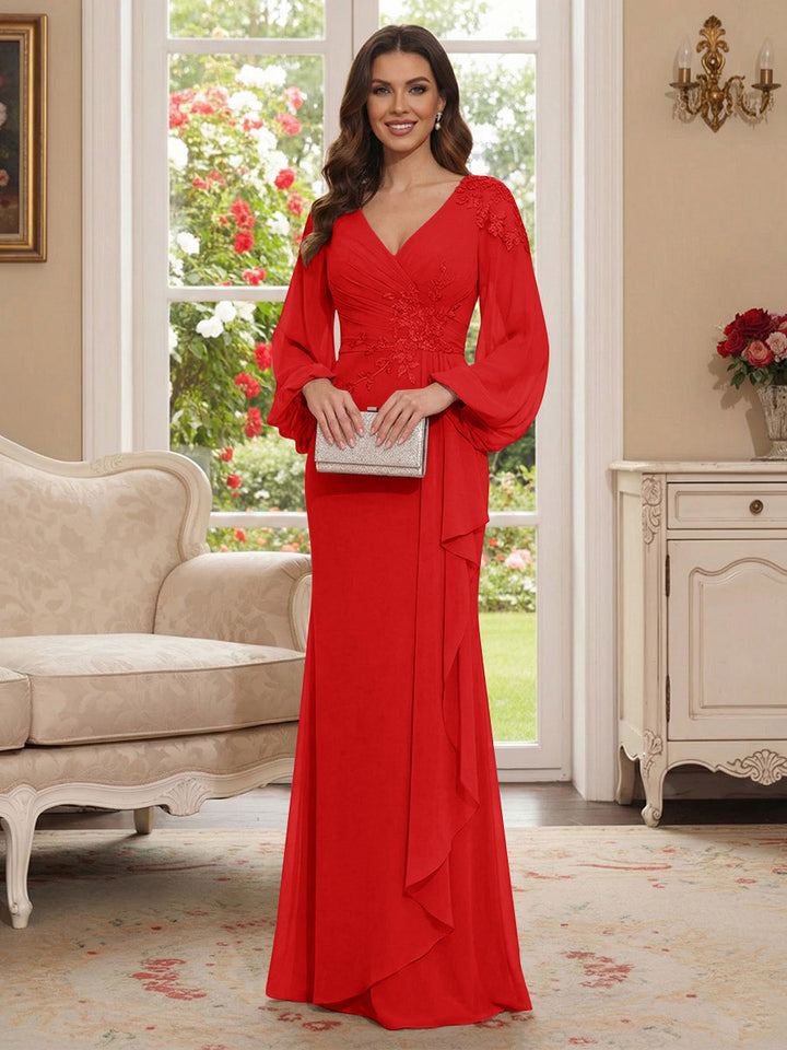 Sheath/Column V-Neck Long Sleeves Floor-Length Mother of the Bride Dresses with Lace &amp; Applique