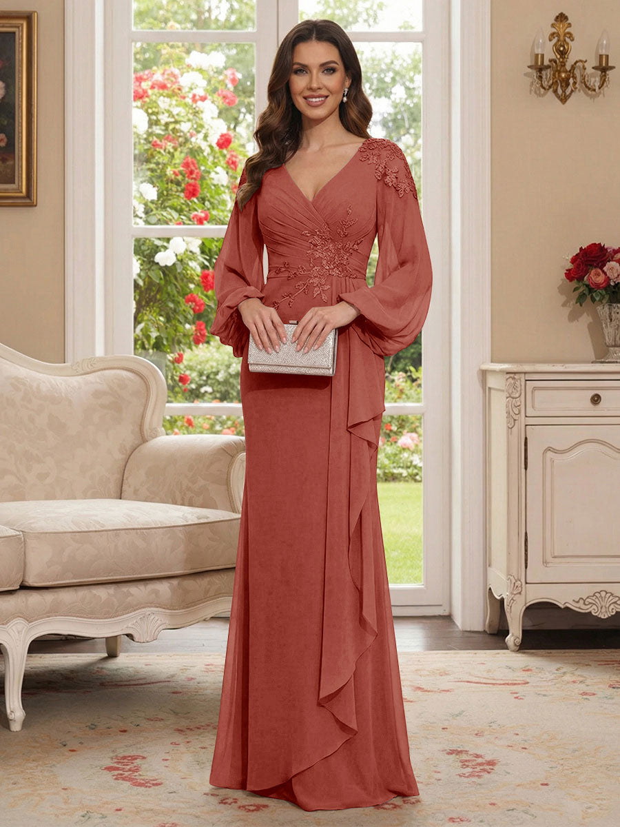 Sheath/Column V-Neck Long Sleeves Floor-Length Mother of the Bride Dresses with Lace &amp; Applique