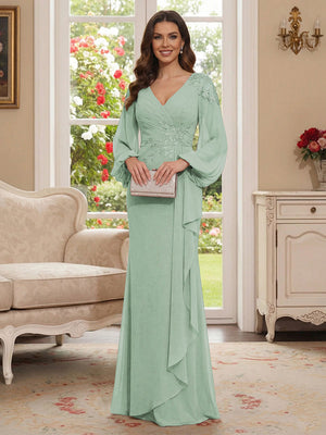 Sheath/Column V-Neck Long Sleeves Floor-Length Mother of the Bride Dresses with Lace & Applique