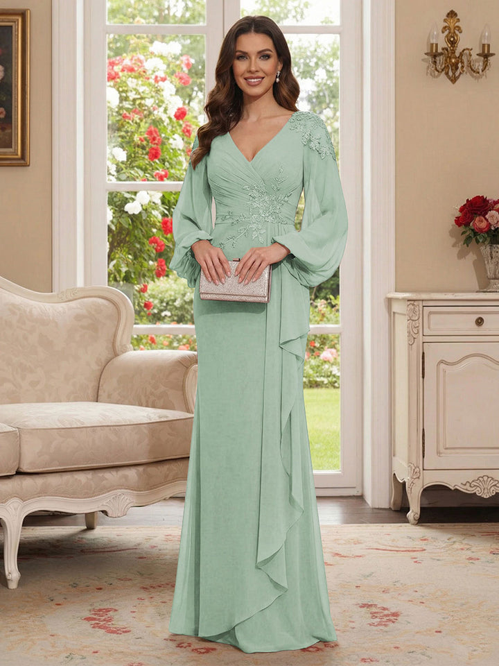 Sheath/Column V-Neck Long Sleeves Floor-Length Mother of the Bride Dresses with Lace &amp; Applique