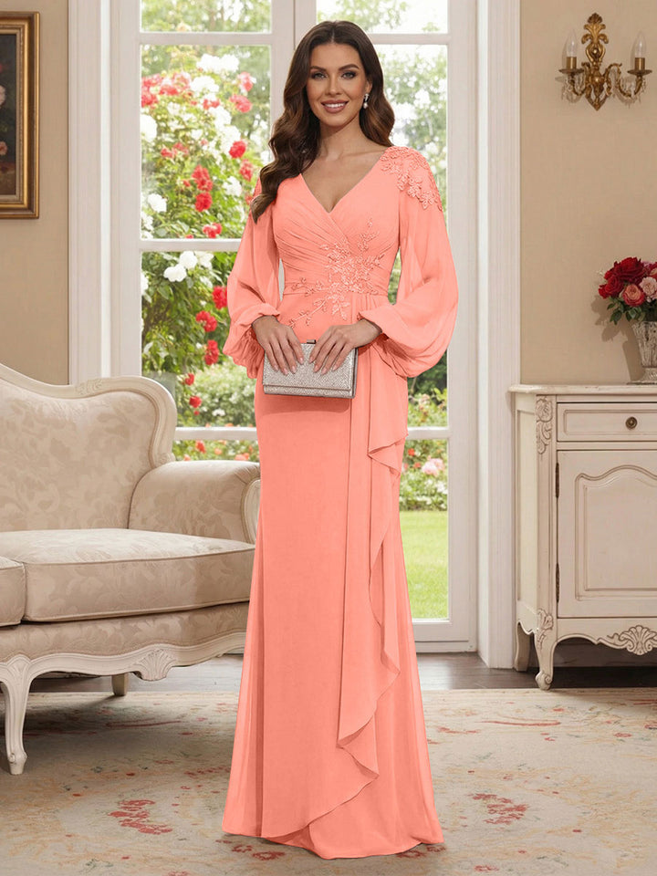 Sheath/Column V-Neck Long Sleeves Floor-Length Mother of the Bride Dresses with Lace &amp; Applique