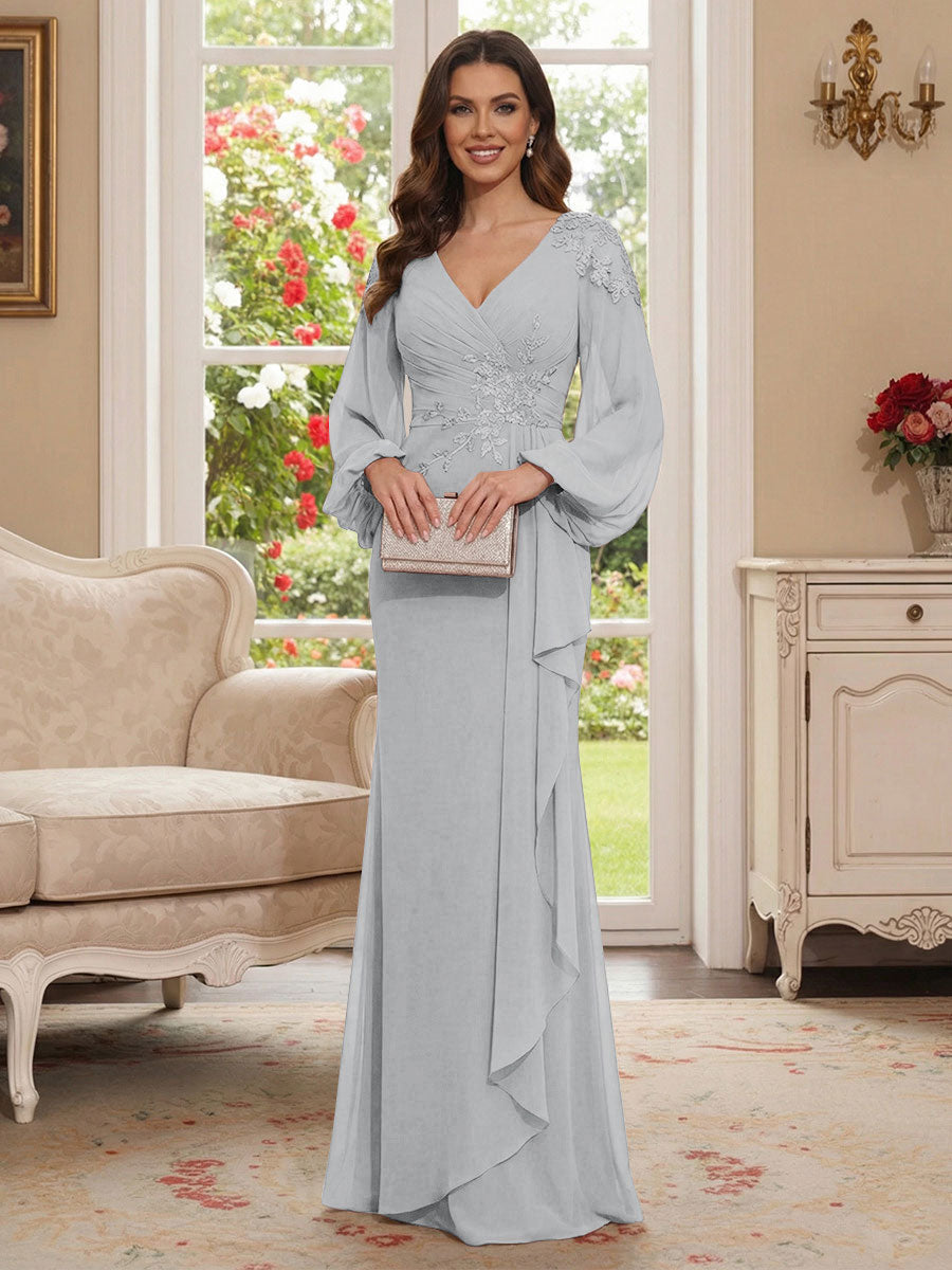 Sheath/Column V-Neck Long Sleeves Floor-Length Mother of the Bride Dresses with Lace &amp; Applique