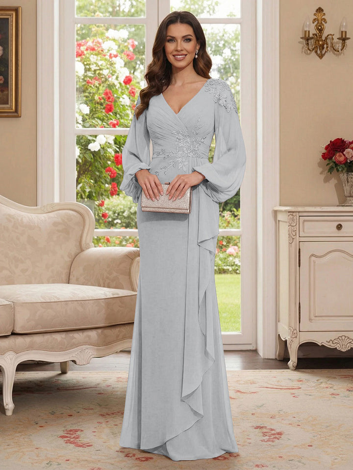 Sheath/Column V-Neck Long Sleeves Floor-Length Mother of the Bride Dresses with Lace &amp; Applique