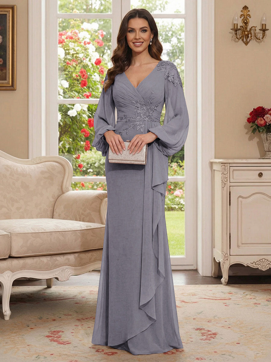 Sheath/Column V-Neck Long Sleeves Floor-Length Mother of the Bride Dresses with Lace &amp; Applique