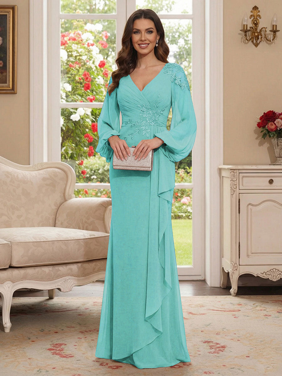 Sheath/Column V-Neck Long Sleeves Floor-Length Mother of the Bride Dresses with Lace &amp; Applique