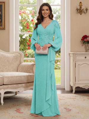 Sheath/Column V-Neck Long Sleeves Floor-Length Mother of the Bride Dresses with Lace & Applique
